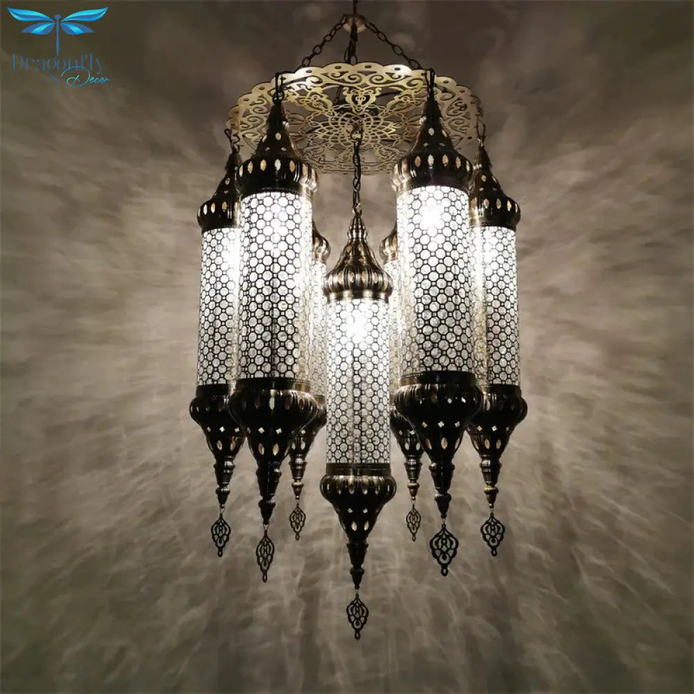 Arab Cylinder Hanging Lamp 7 Heads Clear Crackle Glass Chandelier Lighting Fixture In Bronze