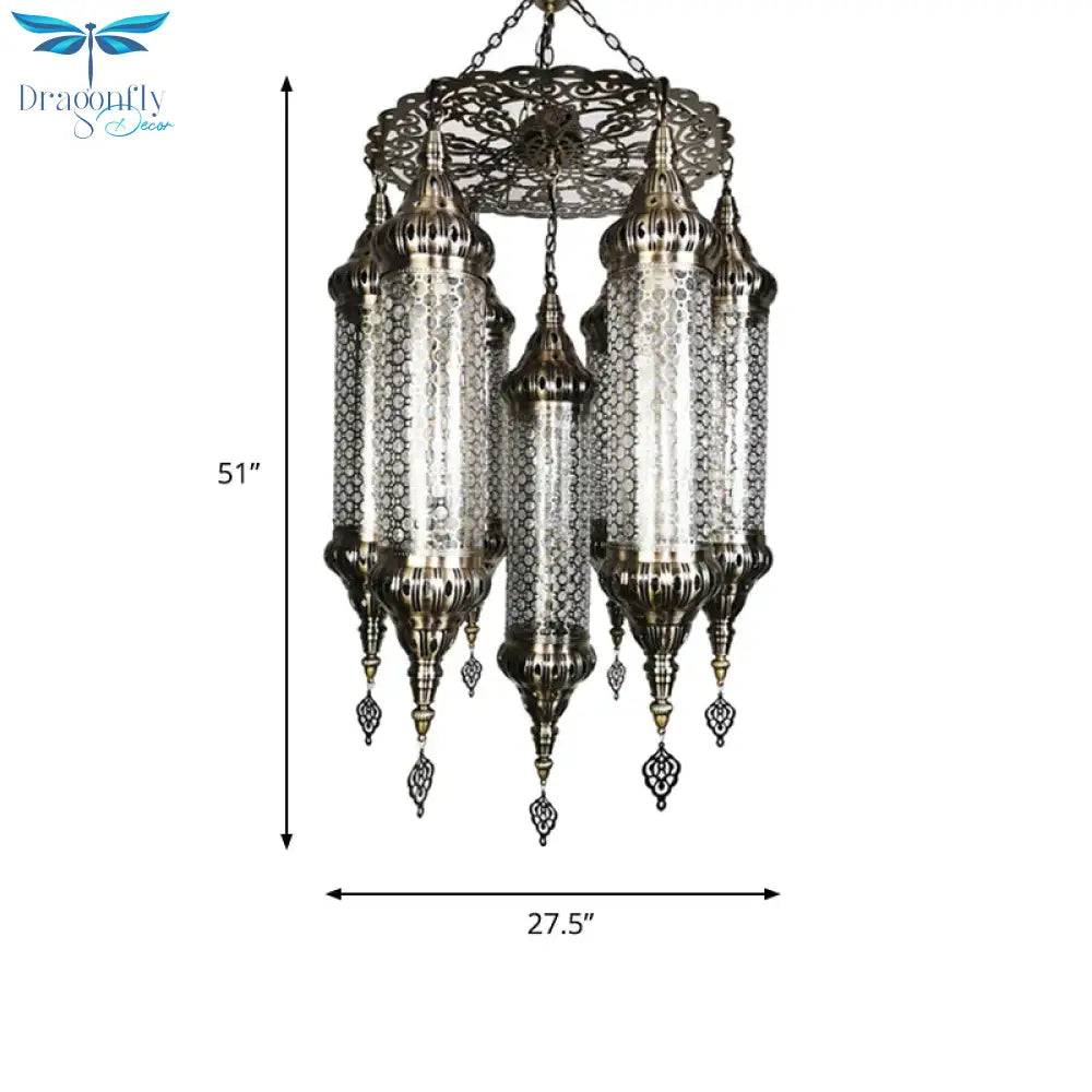 Arab Cylinder Hanging Lamp 7 Heads Clear Crackle Glass Chandelier Lighting Fixture In Bronze