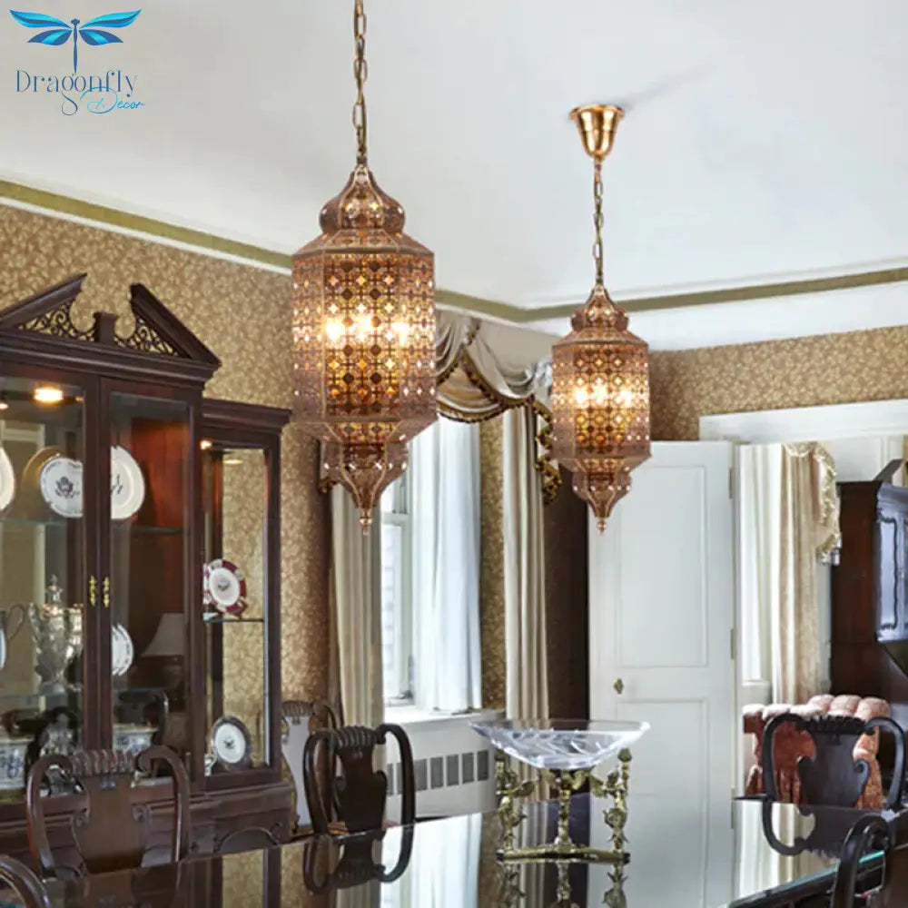 Arab Hexagonal Chandelier Light 3 - Bulb Metal Hanging Pendant In Brass With Hollow - Out Design
