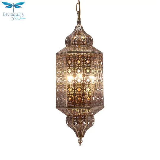 Arab Hexagonal Chandelier Light 3 - Bulb Metal Hanging Pendant In Brass With Hollow - Out Design