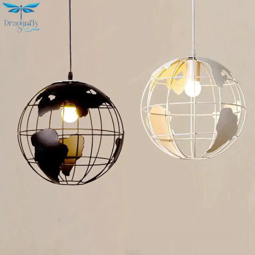 Art Deco Globe Black White Modern Pendant Lamp Iron Cage Loft E27 Cord Lights For Dining Room