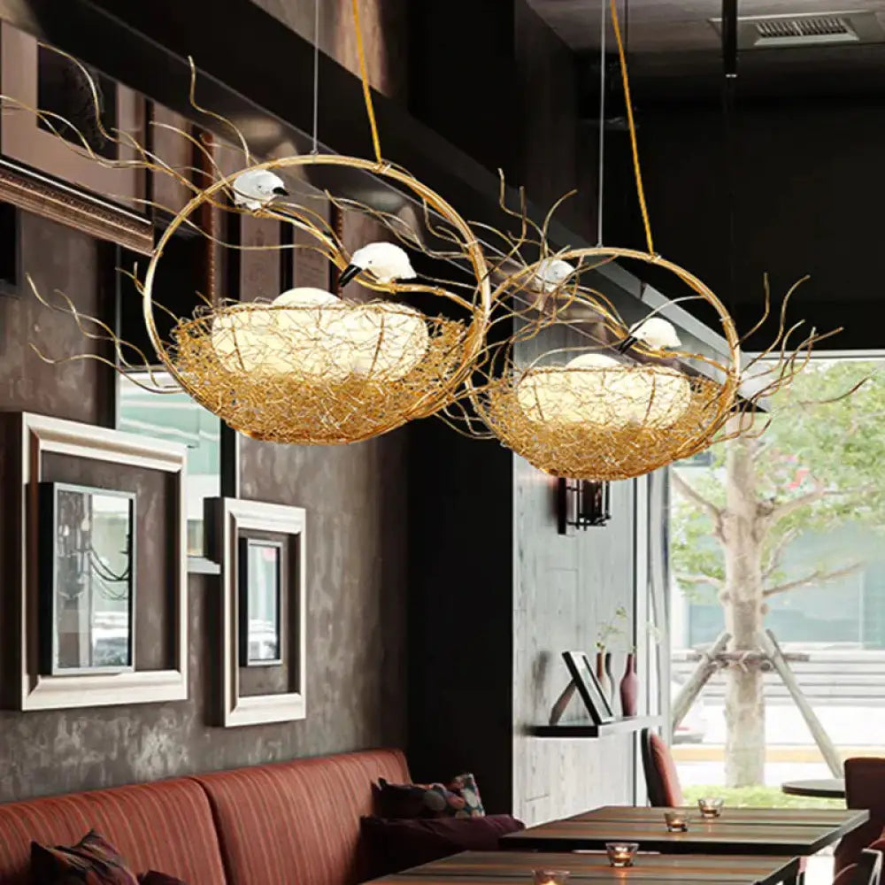 Artistry 3 - Light Chandelier Pendant Golden Aluminum Basket Hanging Lamp With Birds And Matte