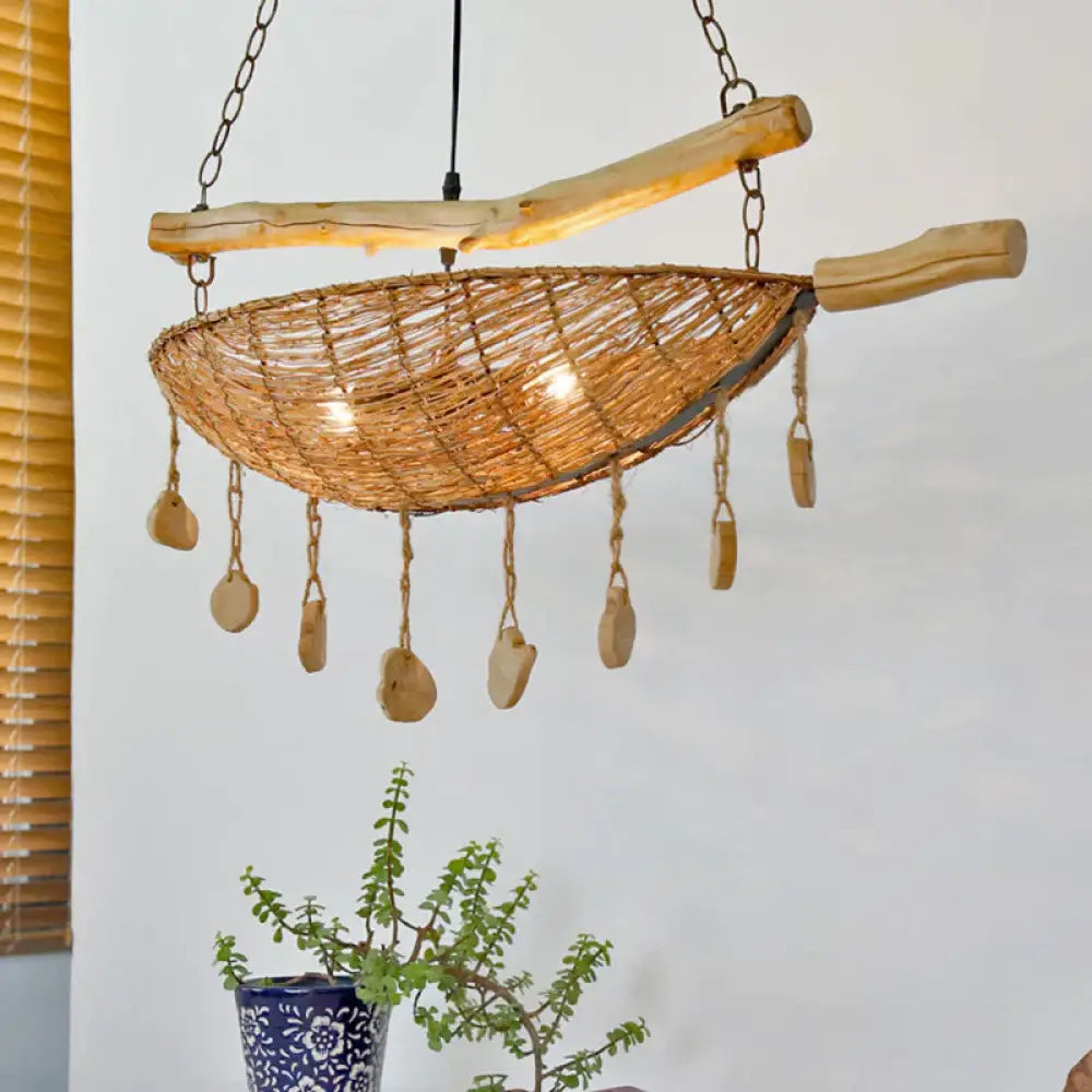 Asian Boat Shape Ceiling Chandelier Bamboo Rattan 2 Heads Restaurant Suspension Lamp In Flaxen With