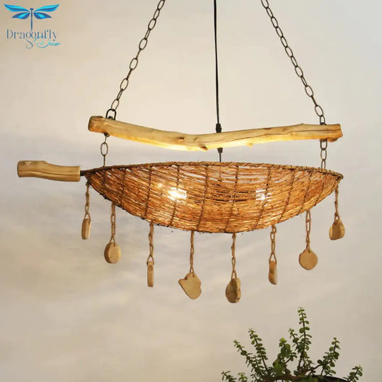 Asian Boat Shape Ceiling Chandelier Bamboo Rattan 2 Heads Restaurant Suspension Lamp In Flaxen With
