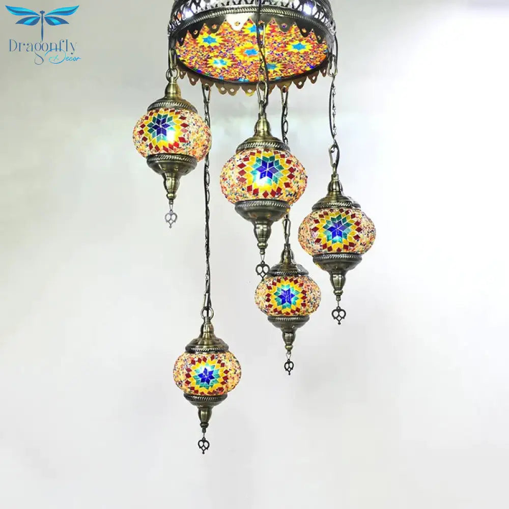 Ball Colorful Glass Hanging Chandelier Retro 6 Heads Bronze Ceiling Pendant Light For Restaurant
