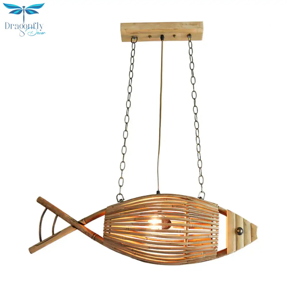 Bamboo Fish Cage Hanging Pendant Asian Style 2 - Head Beige Ceiling Chandelier For Dining Room