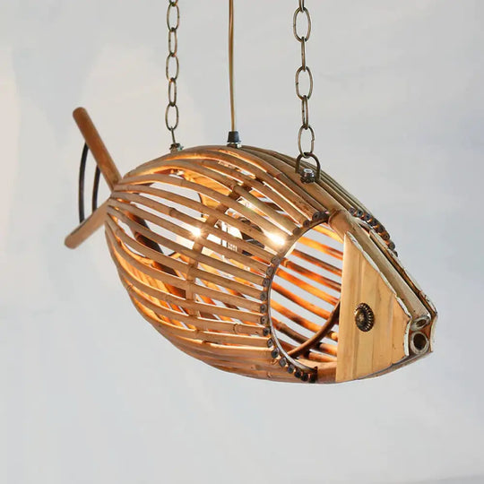 Bamboo Fish Cage Hanging Pendant Asian Style 2 - Head Beige Ceiling Chandelier For Dining Room