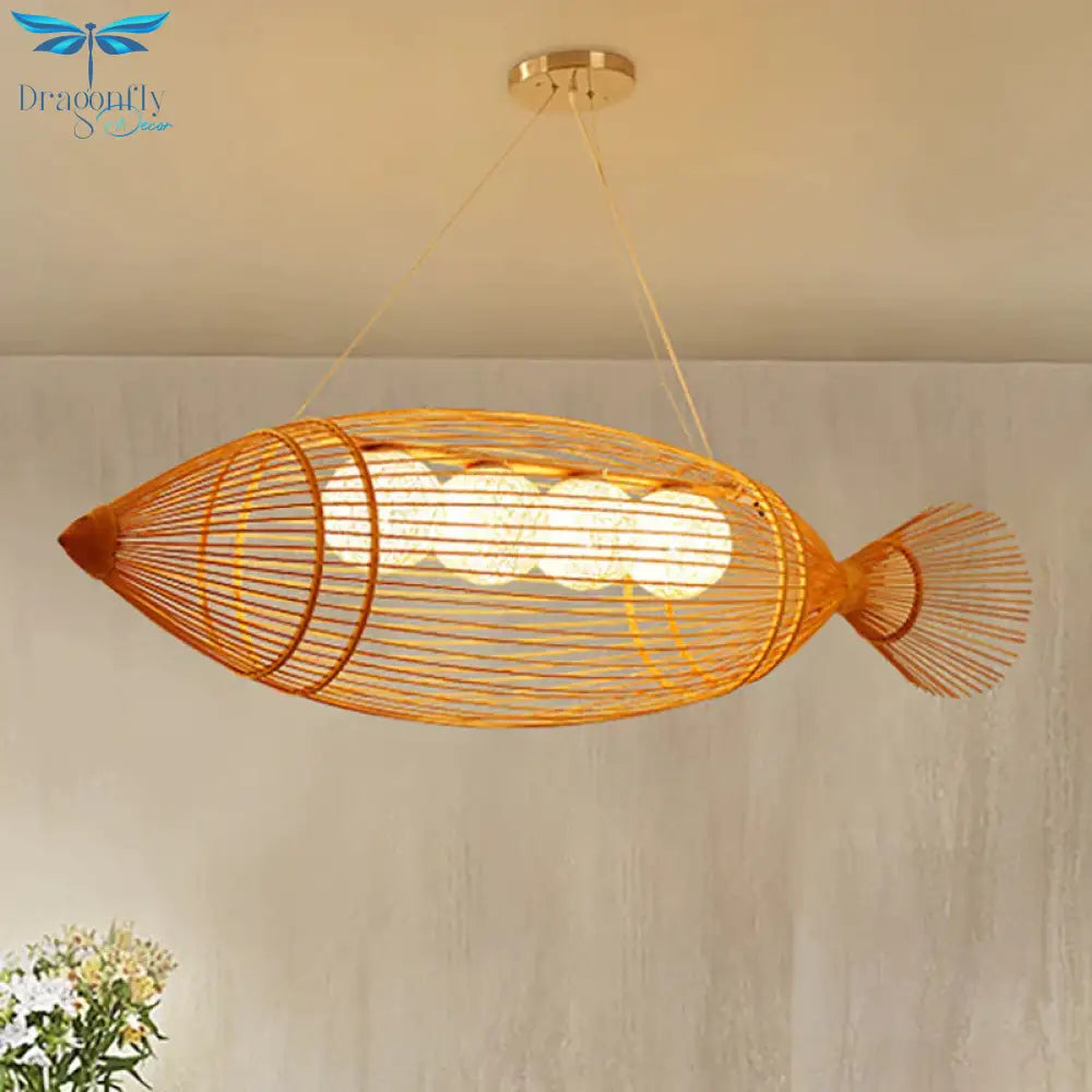 Bamboo Fish Shaped Chandelier Lighting Asian Style 39’/57’ W 3 Bulbs Beige Hanging Light With
