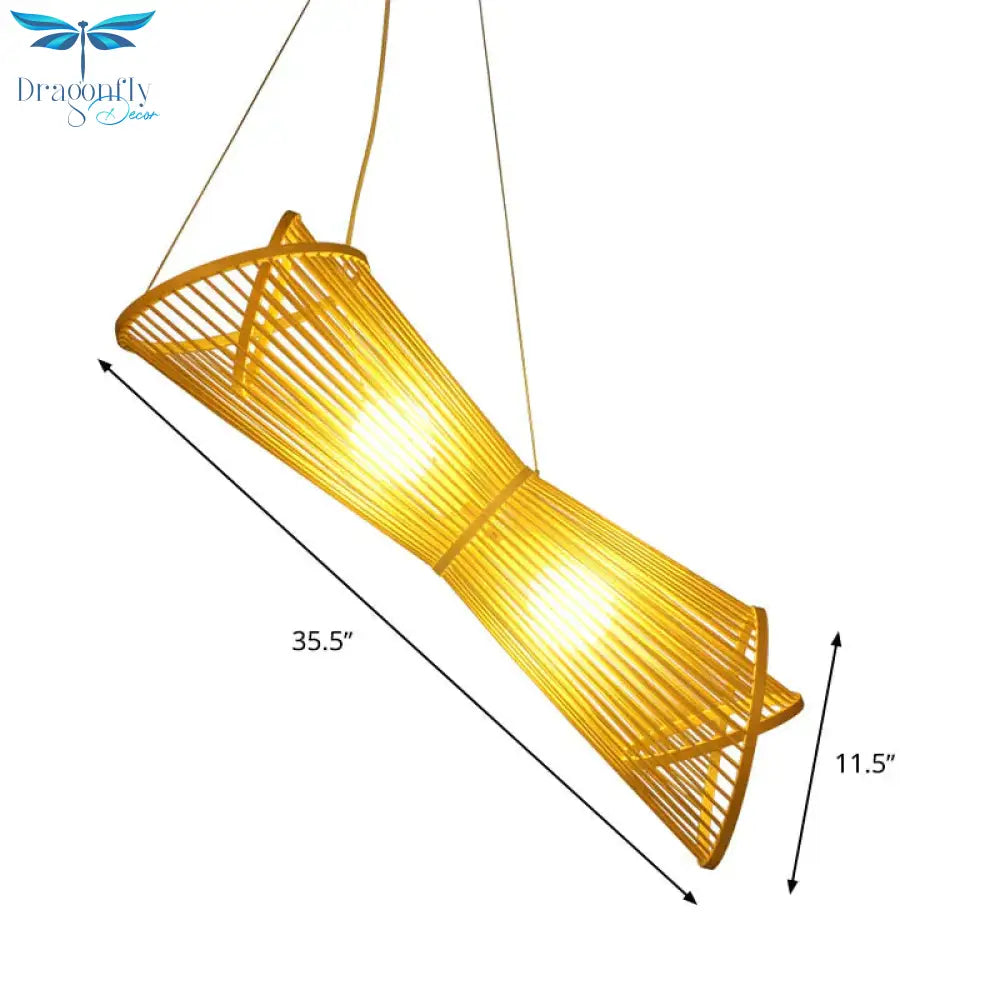 Bamboo Laser Cut Pendant Chandelier Asian Style 2 Heads Beige Suspension Lamp For Restaurant