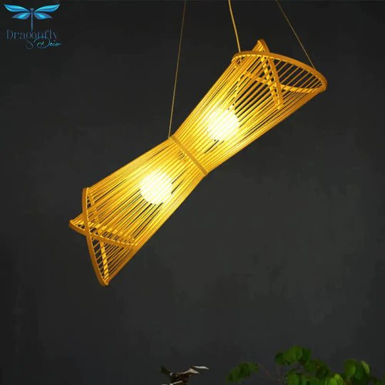 Bamboo Laser Cut Pendant Chandelier Asian Style 2 Heads Beige Suspension Lamp For Restaurant
