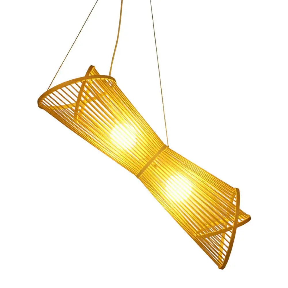 Bamboo Laser Cut Pendant Chandelier Asian Style 2 Heads Beige Suspension Lamp For Restaurant