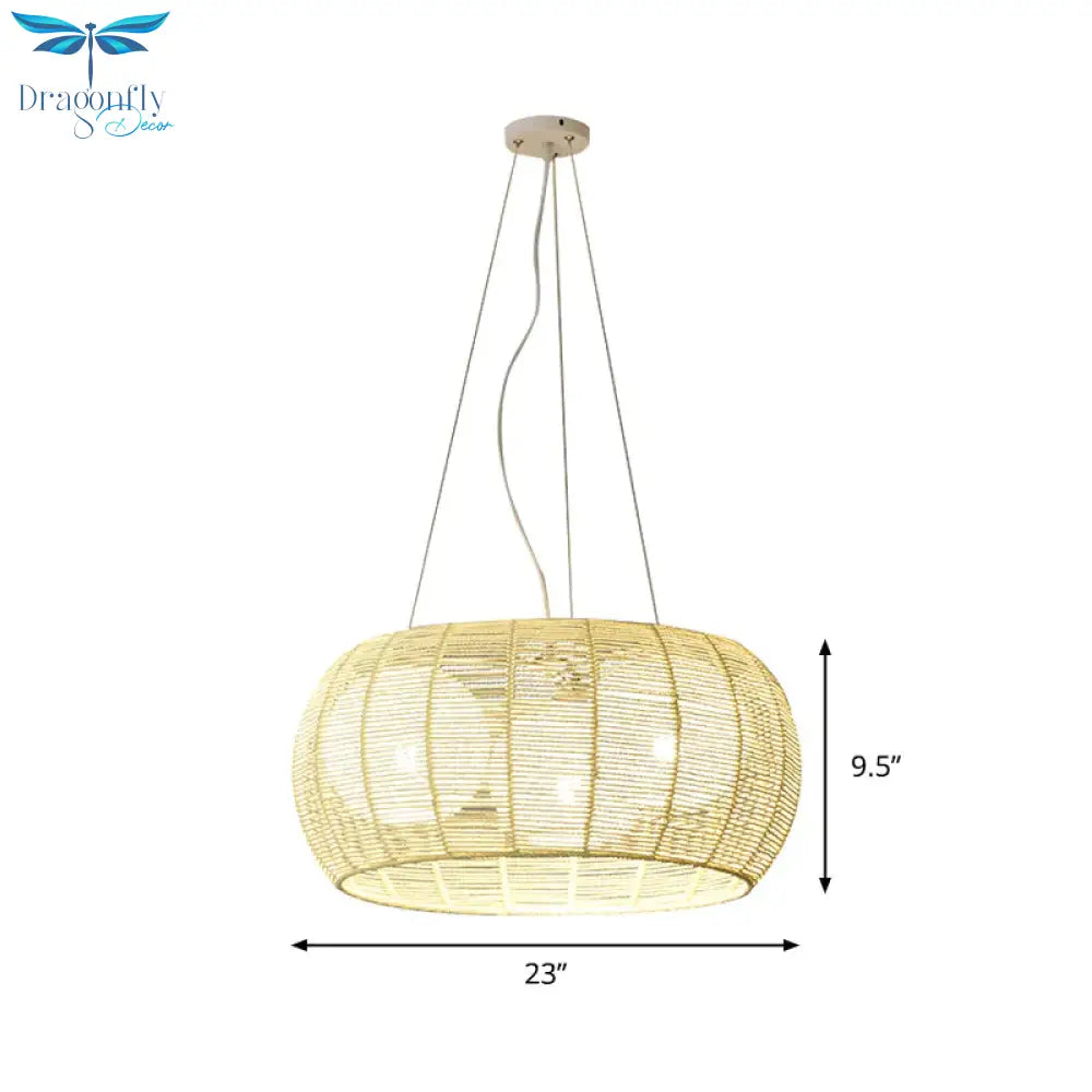 Bamboo Rattan Drum Pendant Chandelier Asian 3 Lights Hanging Ceiling Lamp In Beige For Restaurant