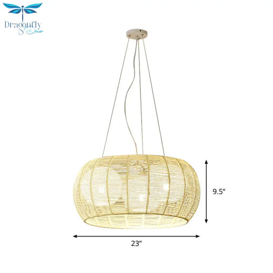 Bamboo Rattan Drum Pendant Chandelier Asian 3 Lights Hanging Ceiling Lamp In Beige For Restaurant