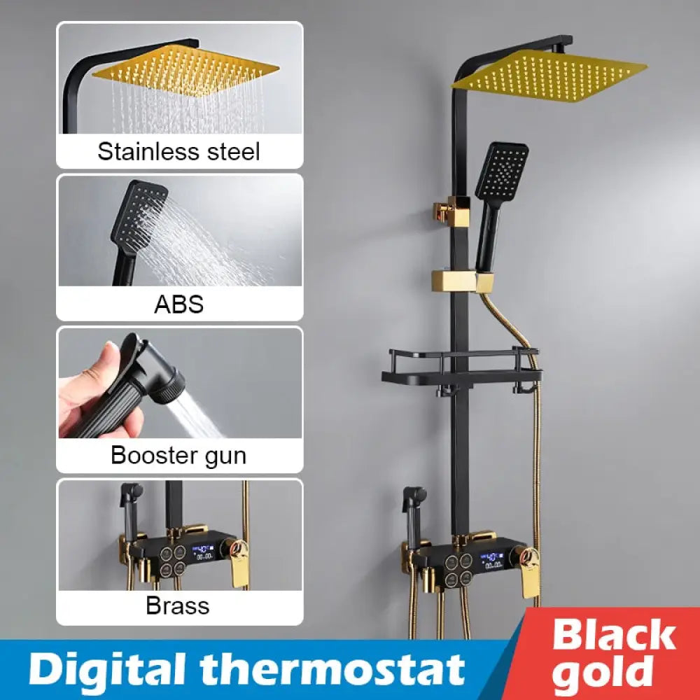 Bathroom Shower Set Black Gold Rain Faucet Thermostatic Digital Display Mixer Taps Copper Systems
