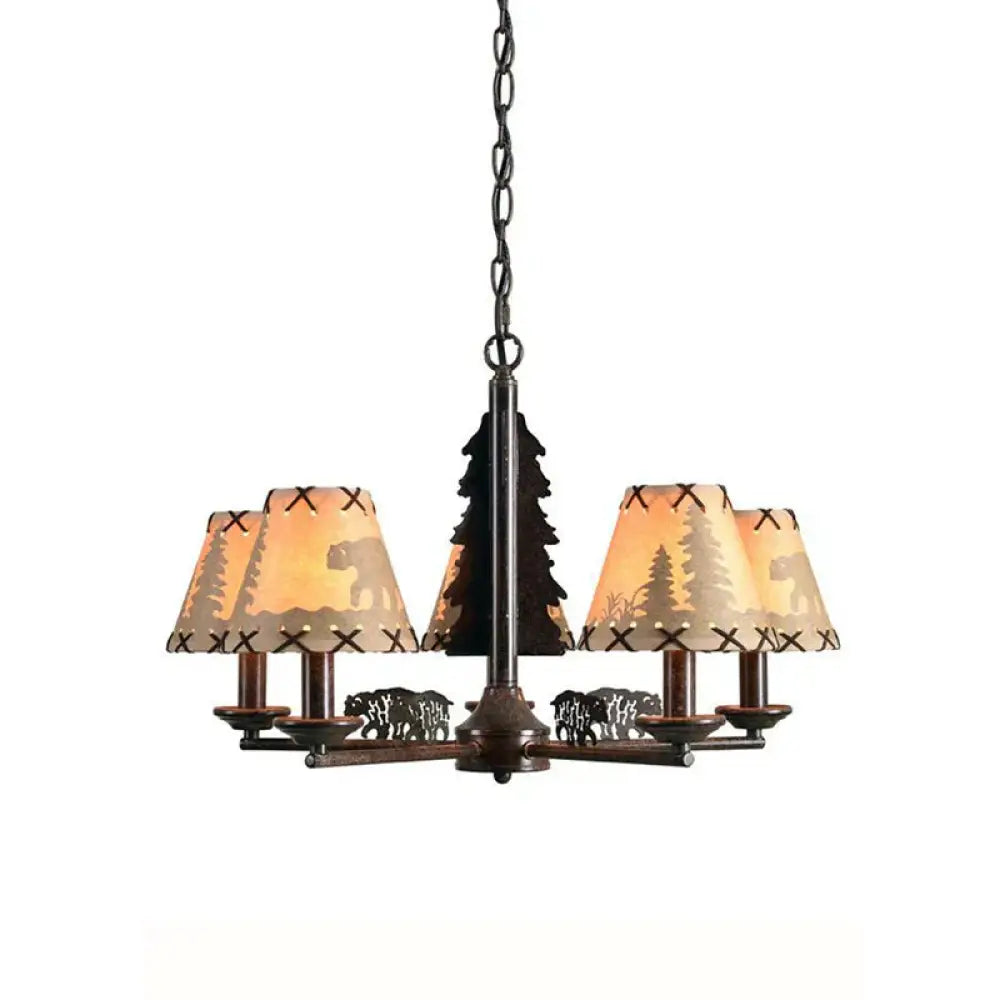Bear And Forest Print Fabric Chandelier Nordic 5 Heads Black Pendant Ceiling Light With Cone Shade