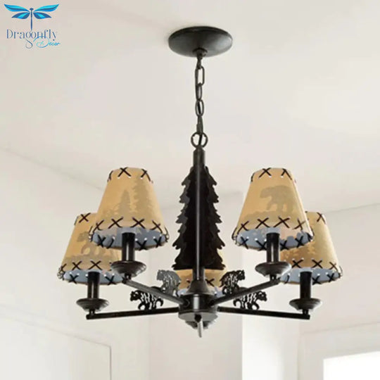 Bear And Forest Print Fabric Chandelier Nordic 5 Heads Black Pendant Ceiling Light With Cone Shade