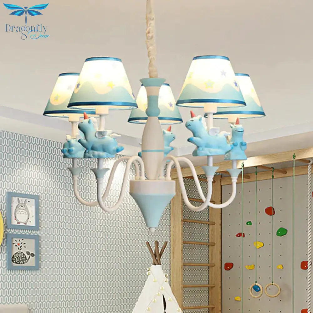 Bedroom Tapered Shade Hanging Lights Metal 5 Cartoon Unicorn Chandelier In Blue/Gold/Pink
