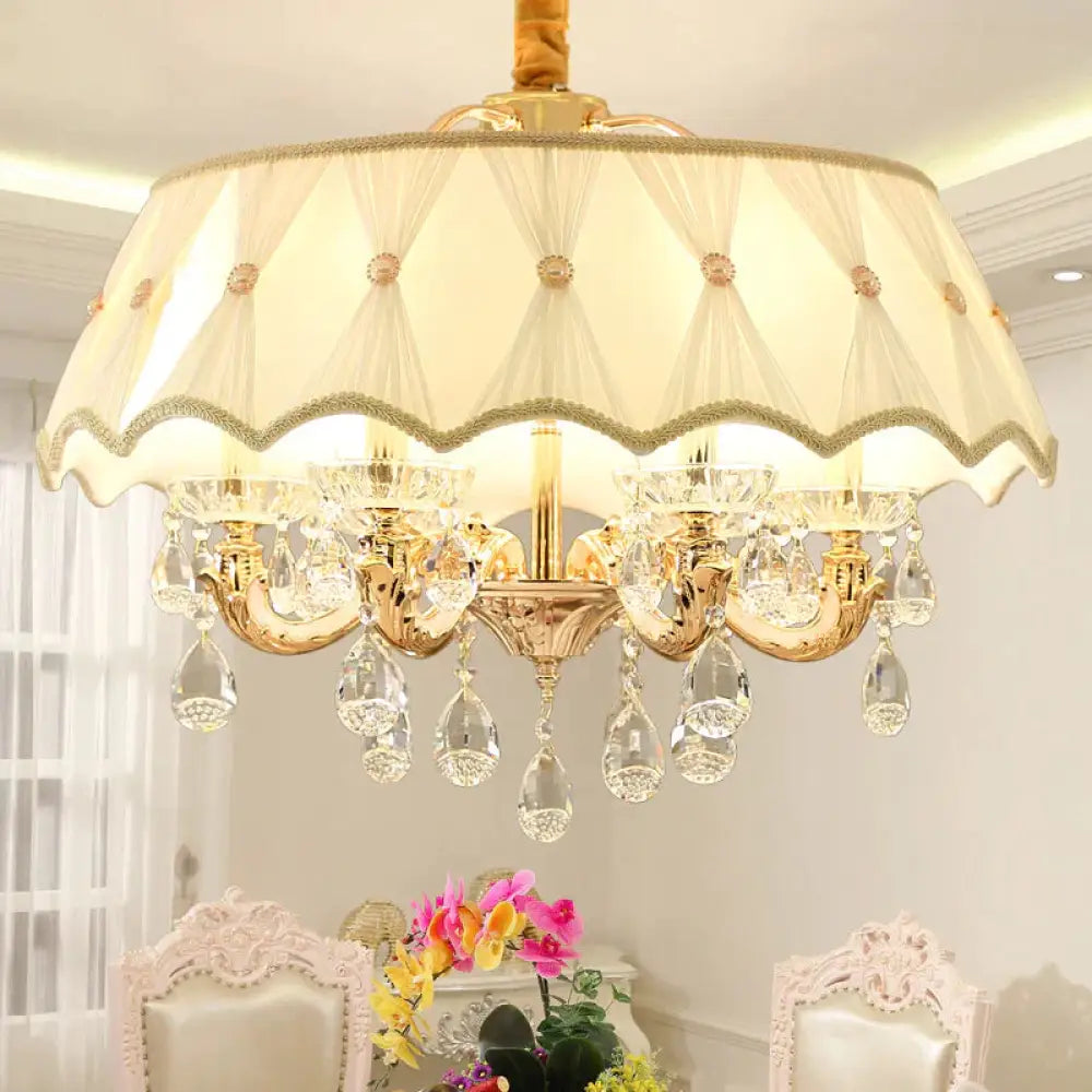 Beige 5 Heads Chandelier Lamp Modernism Crystal Drop Scalloped Suspension Lighting