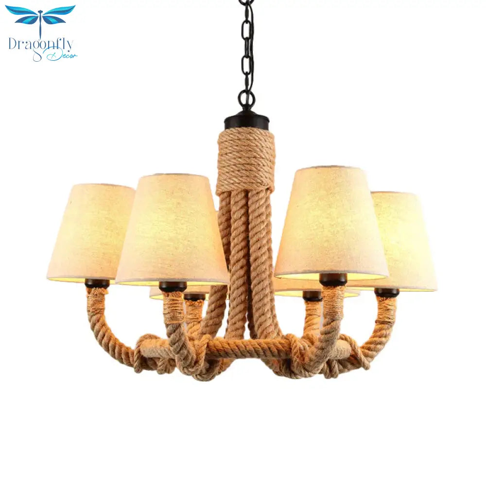 Beige 6 Lights Pendant Chandelier Classic Fabric And Rope Tapered Hanging Light For Dining Room