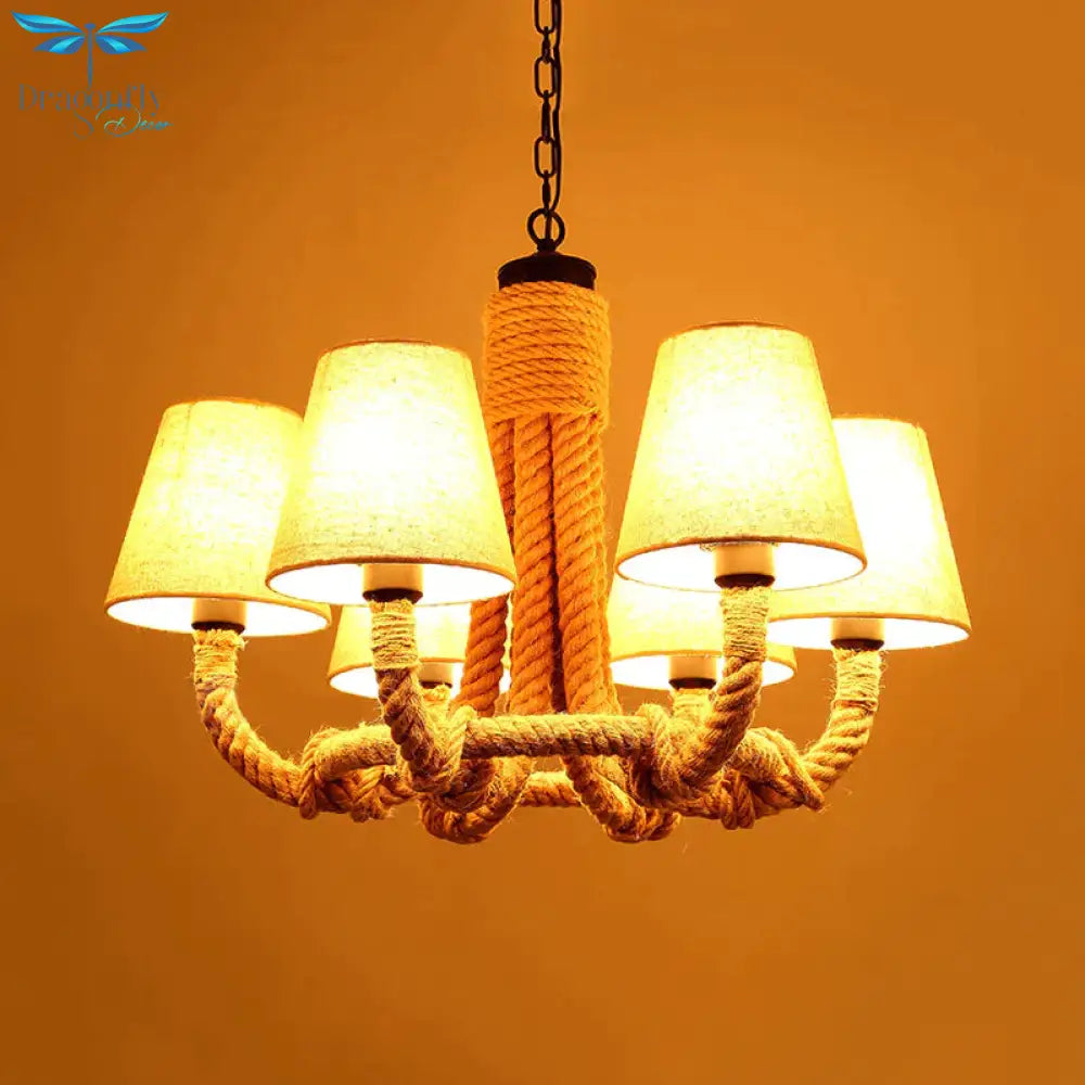Beige 6 Lights Pendant Chandelier Classic Fabric And Rope Tapered Hanging Light For Dining Room