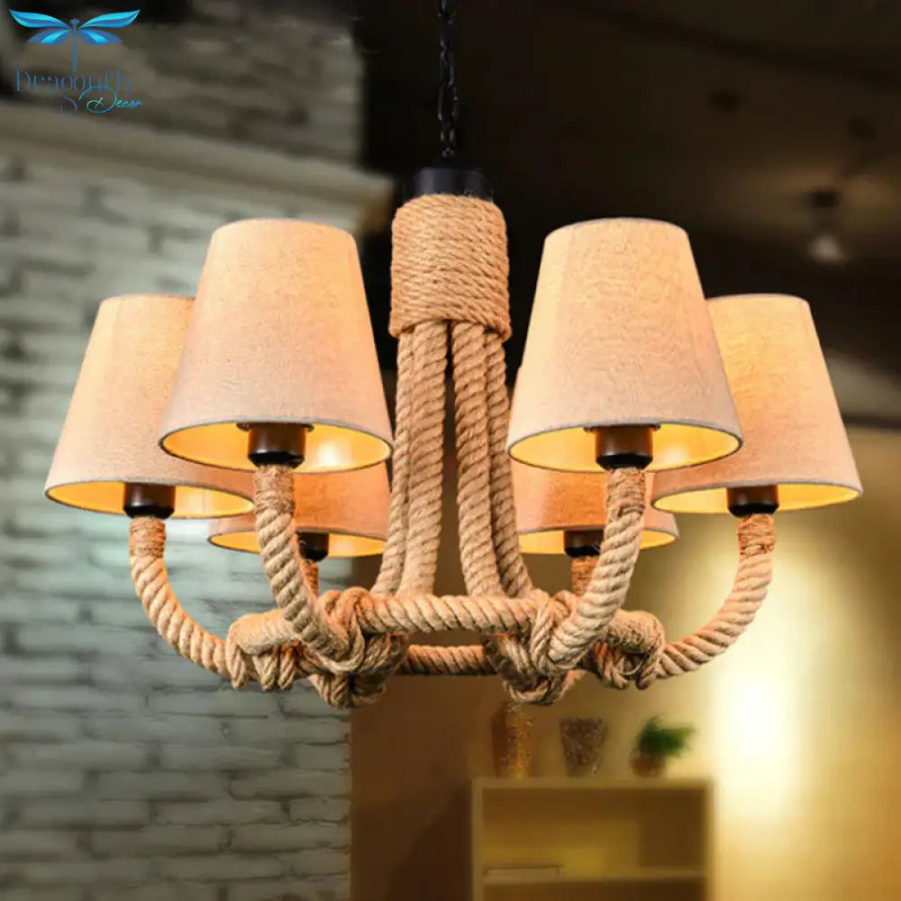 Beige 6 Lights Pendant Chandelier Classic Fabric And Rope Tapered Hanging Light For Dining Room