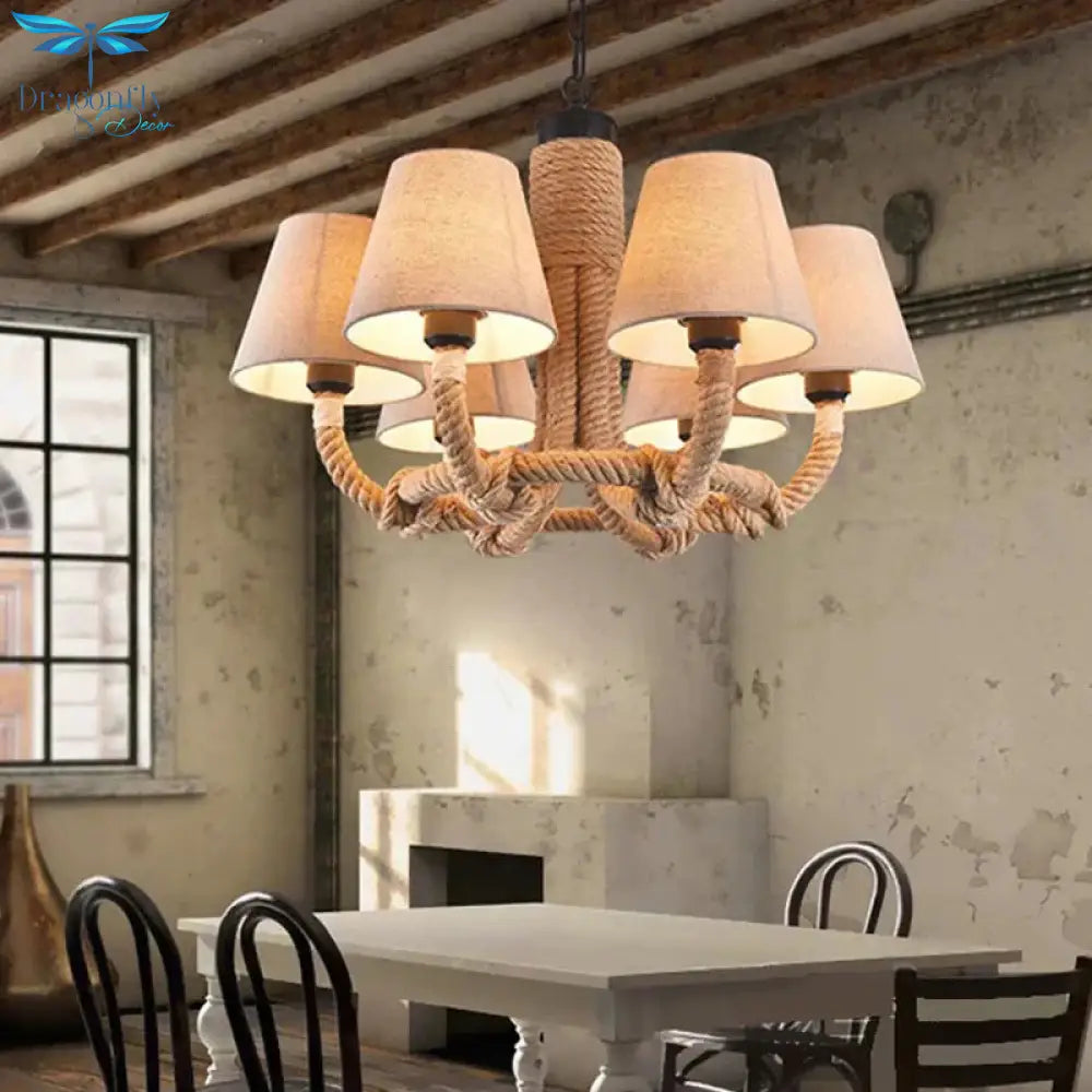 Beige 6 Lights Pendant Chandelier Classic Fabric And Rope Tapered Hanging Light For Dining Room