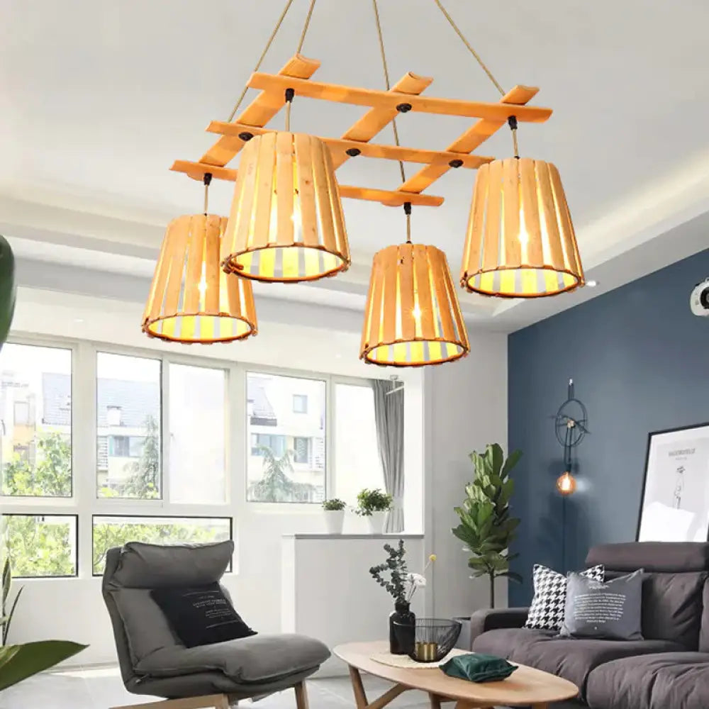 Beige Barrel Pendant Chandelier Modern 4 Lights Wood Hanging Ceiling Light For Bedroom