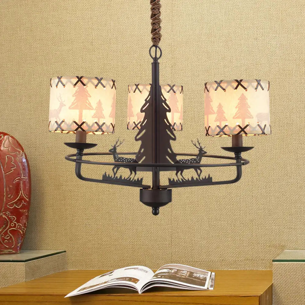 Beige Drum Chandelier Lamp Traditional Fabric 3 Lights Bedroom Hanging Light With Animal Design