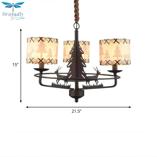 Beige Drum Chandelier Lamp Traditional Fabric 3 Lights Bedroom Hanging Light With Animal Design
