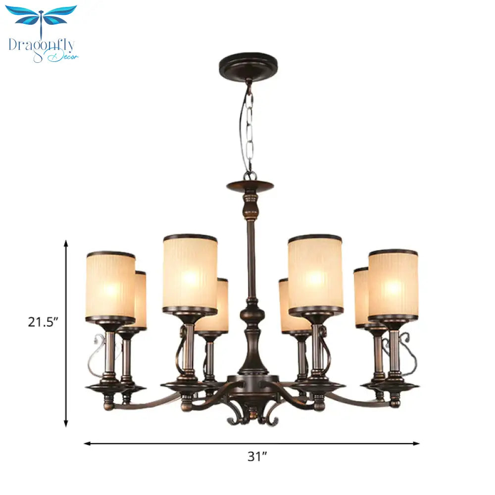 Beige Glass Black Chandelier Lamp Cylindrical 3/6/8 Heads Traditionalism Pendant Ceiling Light For