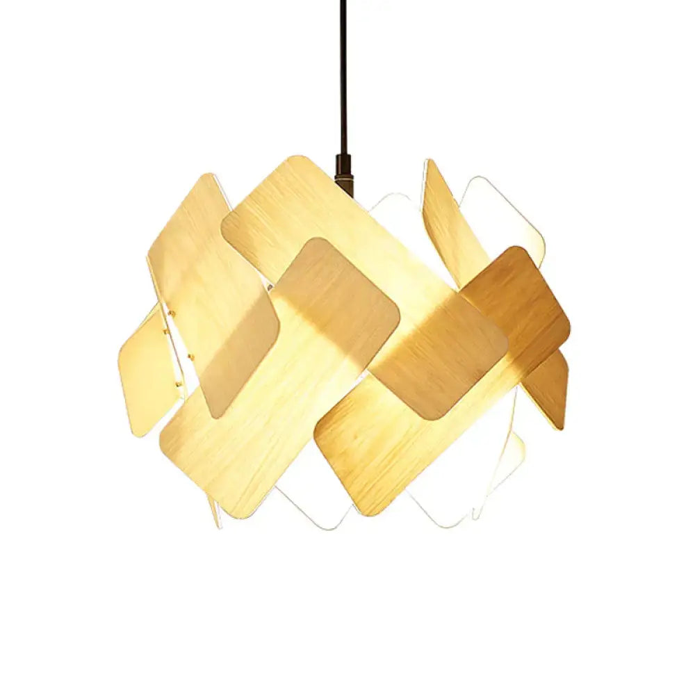Beige Spliced Circle Chandelier Modernist 3 Heads Wood Hanging Light Fixture Over Dining Table