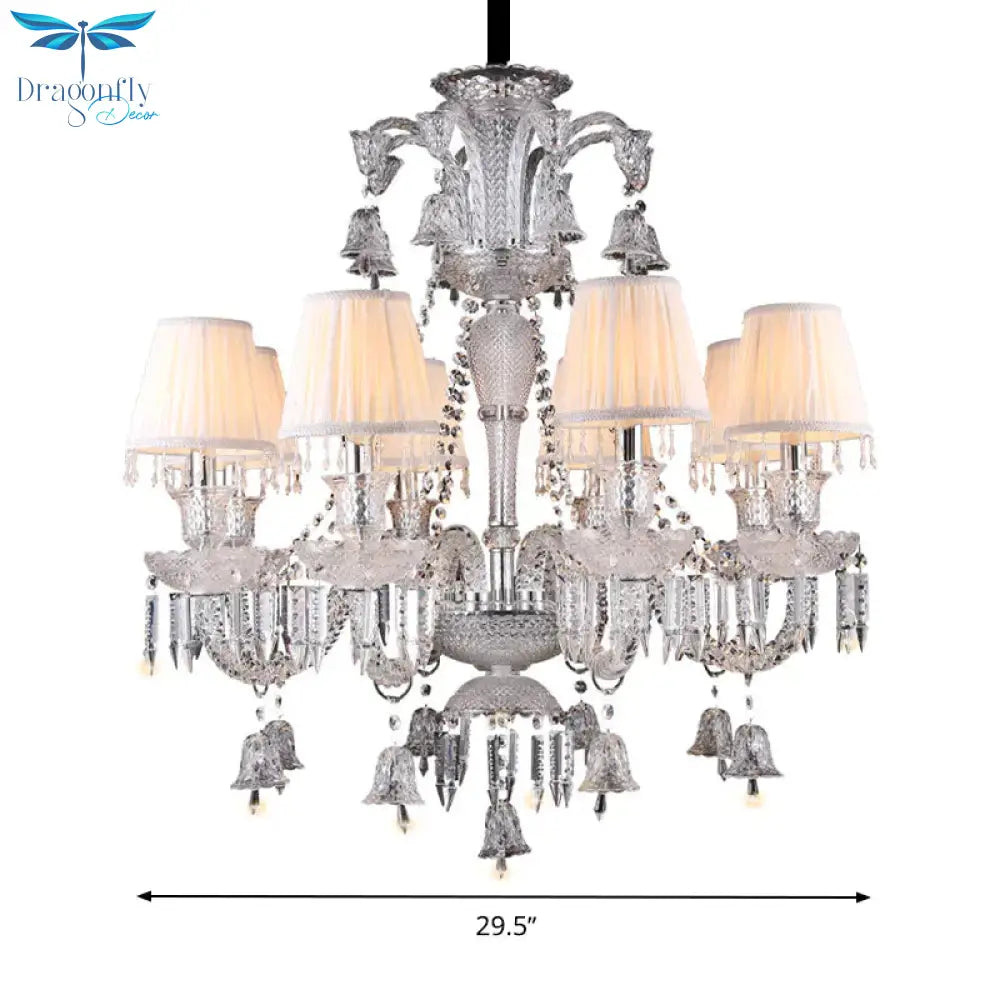 Beige Tapered Chandelier Pendant Light Modernism 8 Heads Crystal Hanging Lamp With Fabric Shade