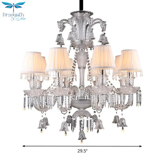 Beige Tapered Chandelier Pendant Light Modernism 8 Heads Crystal Hanging Lamp With Fabric Shade