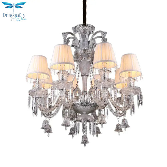 Beige Tapered Chandelier Pendant Light Modernism 8 Heads Crystal Hanging Lamp With Fabric Shade