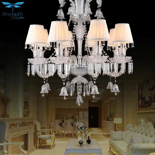 Beige Tapered Chandelier Pendant Light Modernism 8 Heads Crystal Hanging Lamp With Fabric Shade