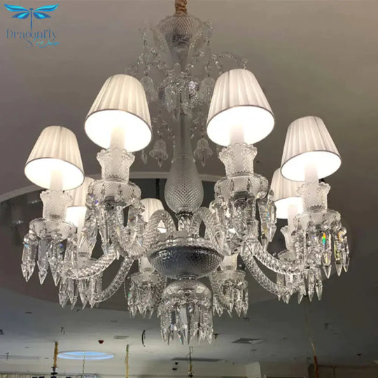 Beige Tapered Chandelier Pendant Light Modernism 8 Heads Crystal Hanging Lamp With Fabric Shade