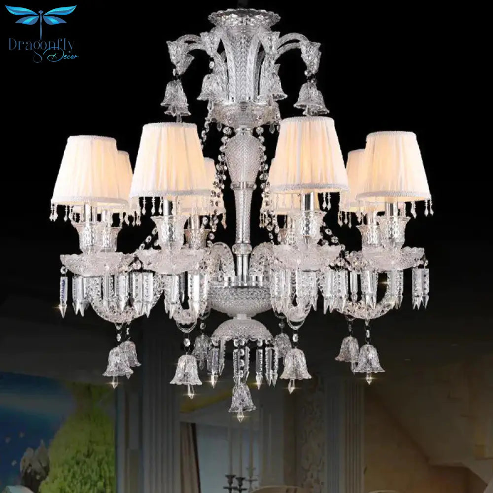 Beige Tapered Chandelier Pendant Light Modernism 8 Heads Crystal Hanging Lamp With Fabric Shade