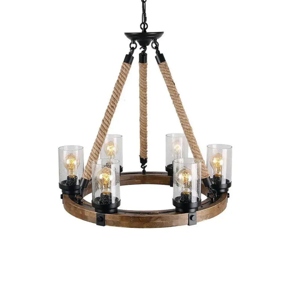 Beige Wheel Pendant Lighting Traditional Wood 1 Light Living Room Chandelier With Cylinder Shade