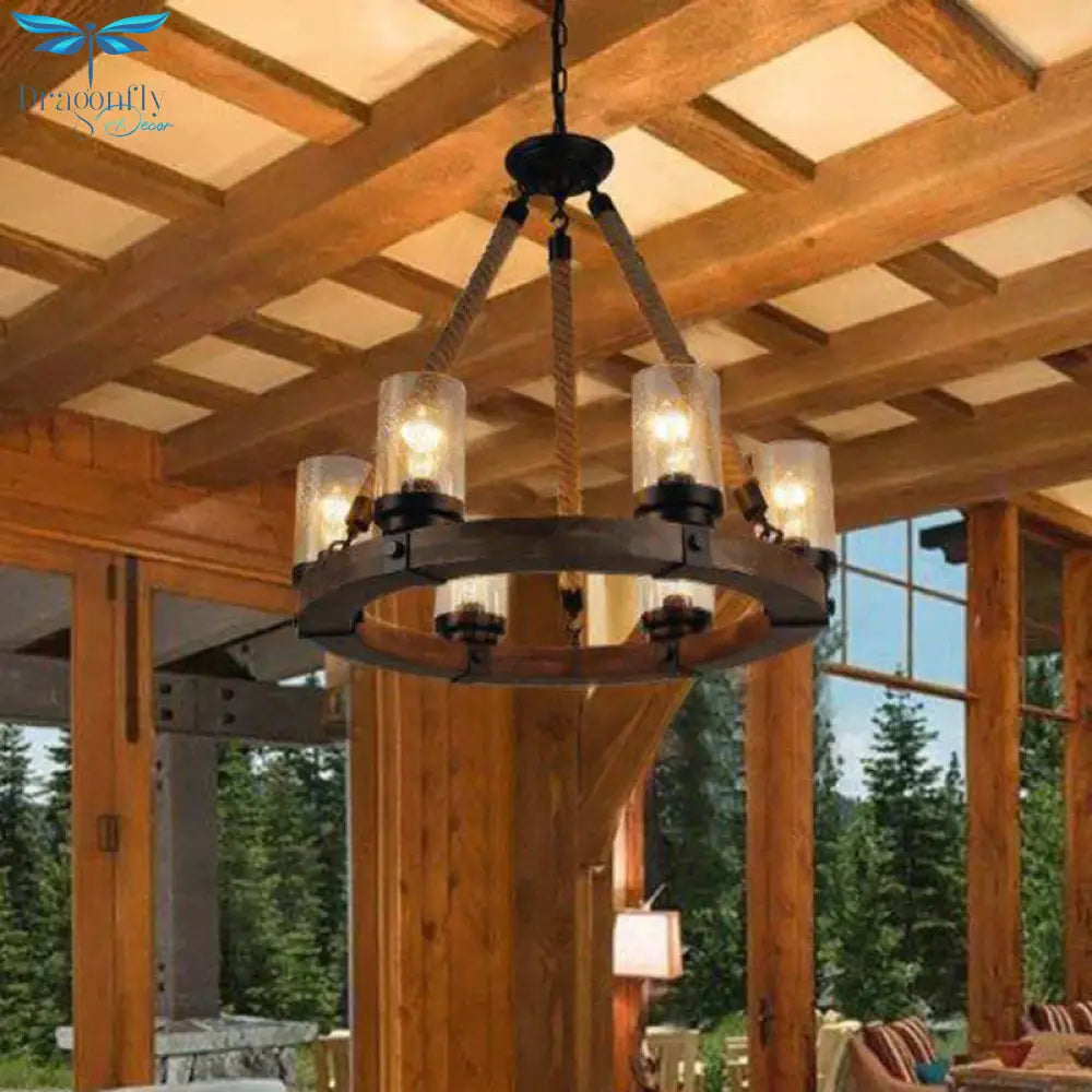 Beige Wheel Pendant Lighting Traditional Wood 1 Light Living Room Chandelier With Cylinder Shade