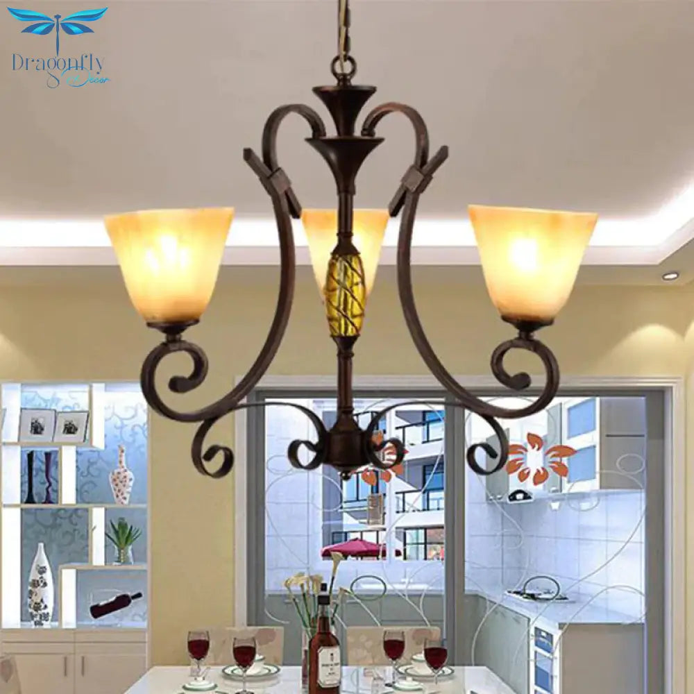 Bell Beige Frosted Glass Chandelier Light Traditional 3 Lights Dining Room Pendant Lighting In Rust