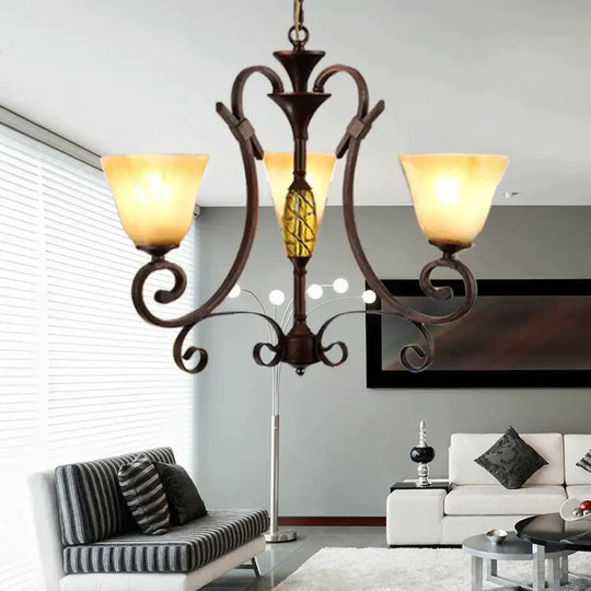 Bell Beige Frosted Glass Chandelier Light Traditional 3 Lights Dining Room Pendant Lighting In Rust