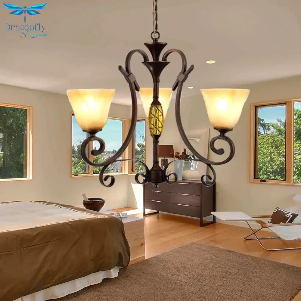 Bell Beige Frosted Glass Chandelier Light Traditional 3 Lights Dining Room Pendant Lighting In Rust