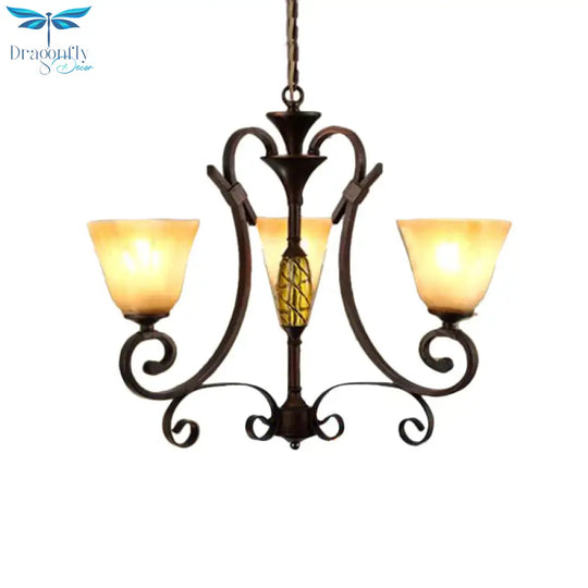 Bell Beige Frosted Glass Chandelier Light Traditional 3 Lights Dining Room Pendant Lighting In Rust