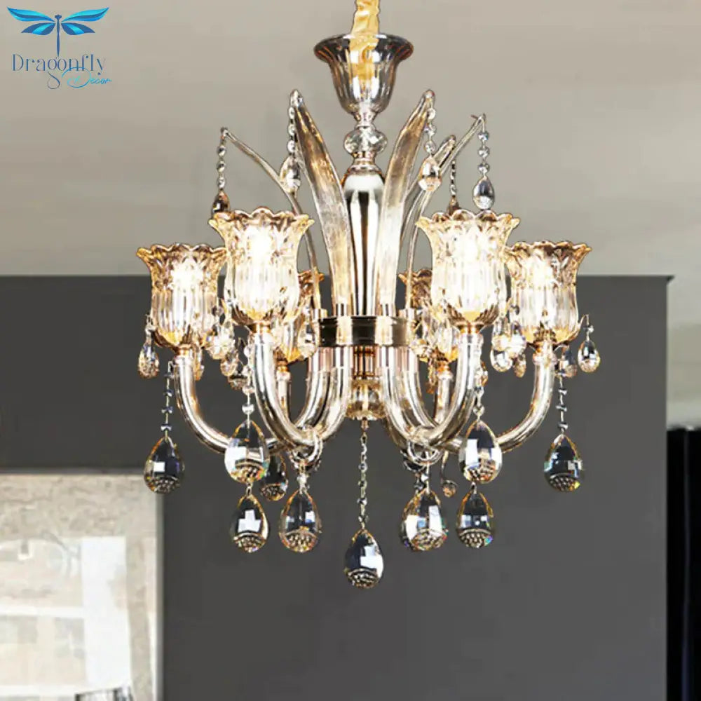 Bell Living Room Chandelier Lamp Traditional Crystal Drop 6/8 Lights Chrome Hanging Ceiling Light