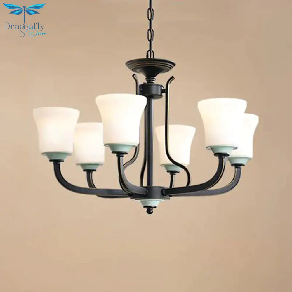 Bell Living Room Pendant Chandelier Traditional Opal Glass 3/6 Lights Black Hanging Fixture