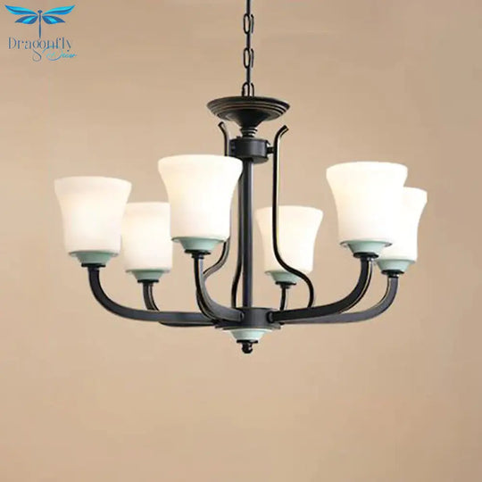 Bell Living Room Pendant Chandelier Traditional Opal Glass 3/6 Lights Black Hanging Fixture