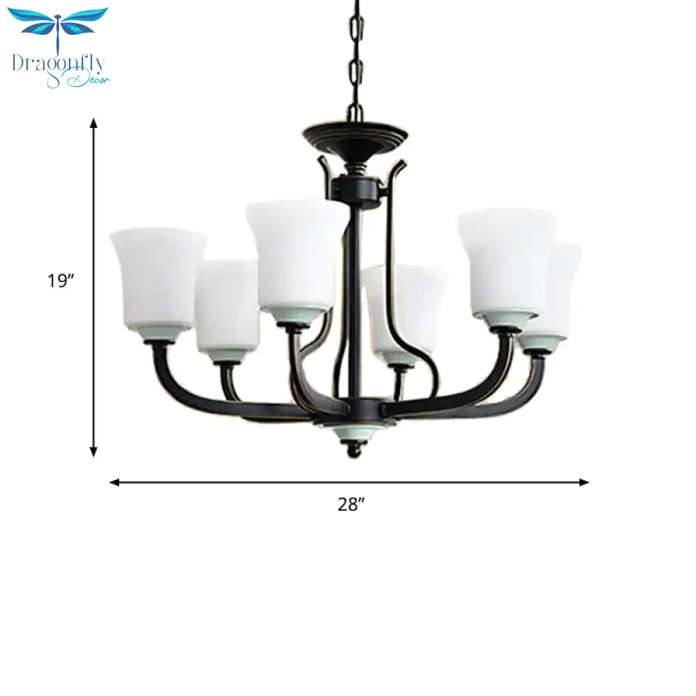 Bell Living Room Pendant Chandelier Traditional Opal Glass 3/6 Lights Black Hanging Fixture