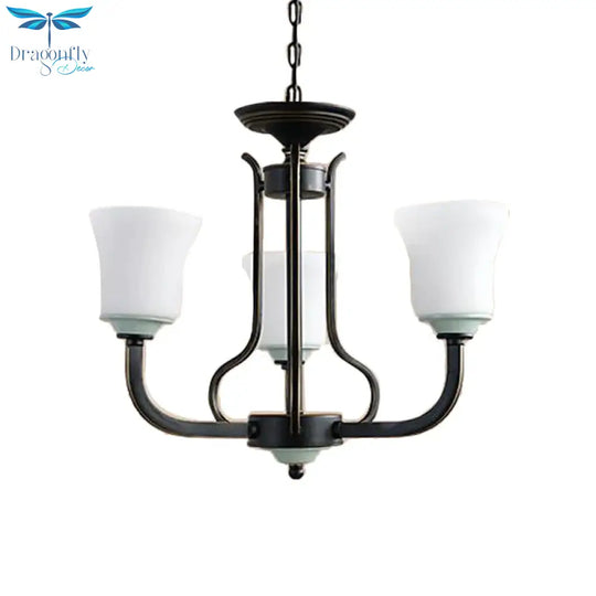 Bell Living Room Pendant Chandelier Traditional Opal Glass 3/6 Lights Black Hanging Fixture