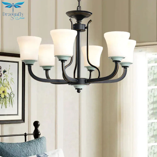 Bell Living Room Pendant Chandelier Traditional Opal Glass 3/6 Lights Black Hanging Fixture