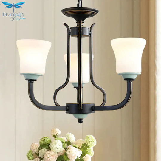 Bell Living Room Pendant Chandelier Traditional Opal Glass 3/6 Lights Black Hanging Fixture